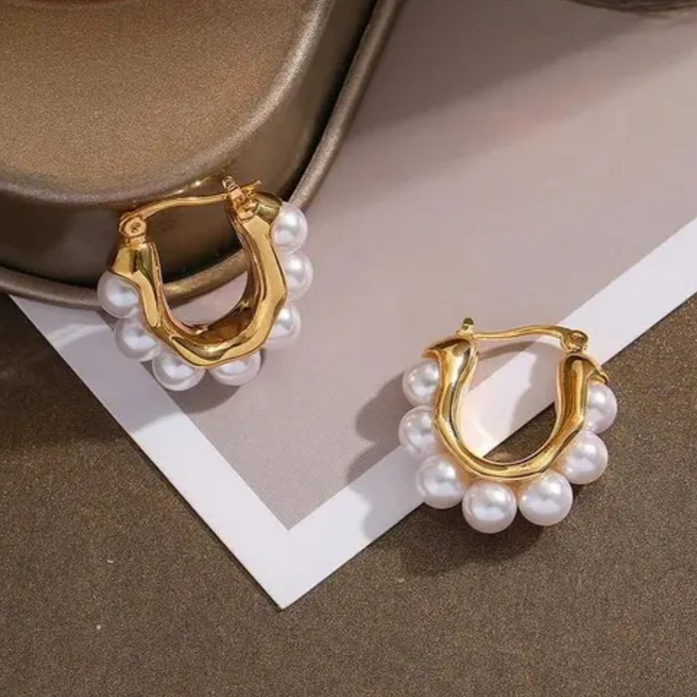 Gold Hoop Earrings with Pearl Beads