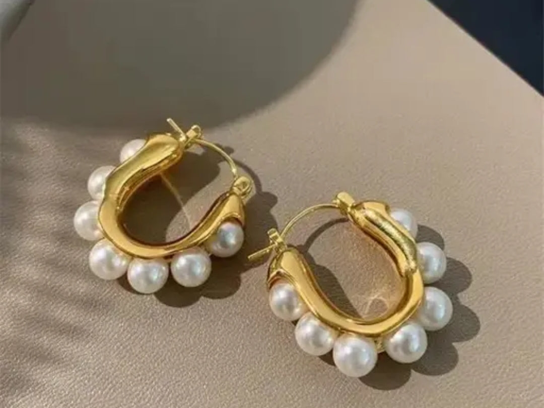 Gold Hoop Earrings with Pearl Beads