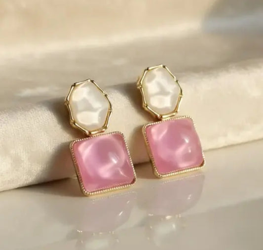 PINK AND WHITE STONE DROP EARRINGS