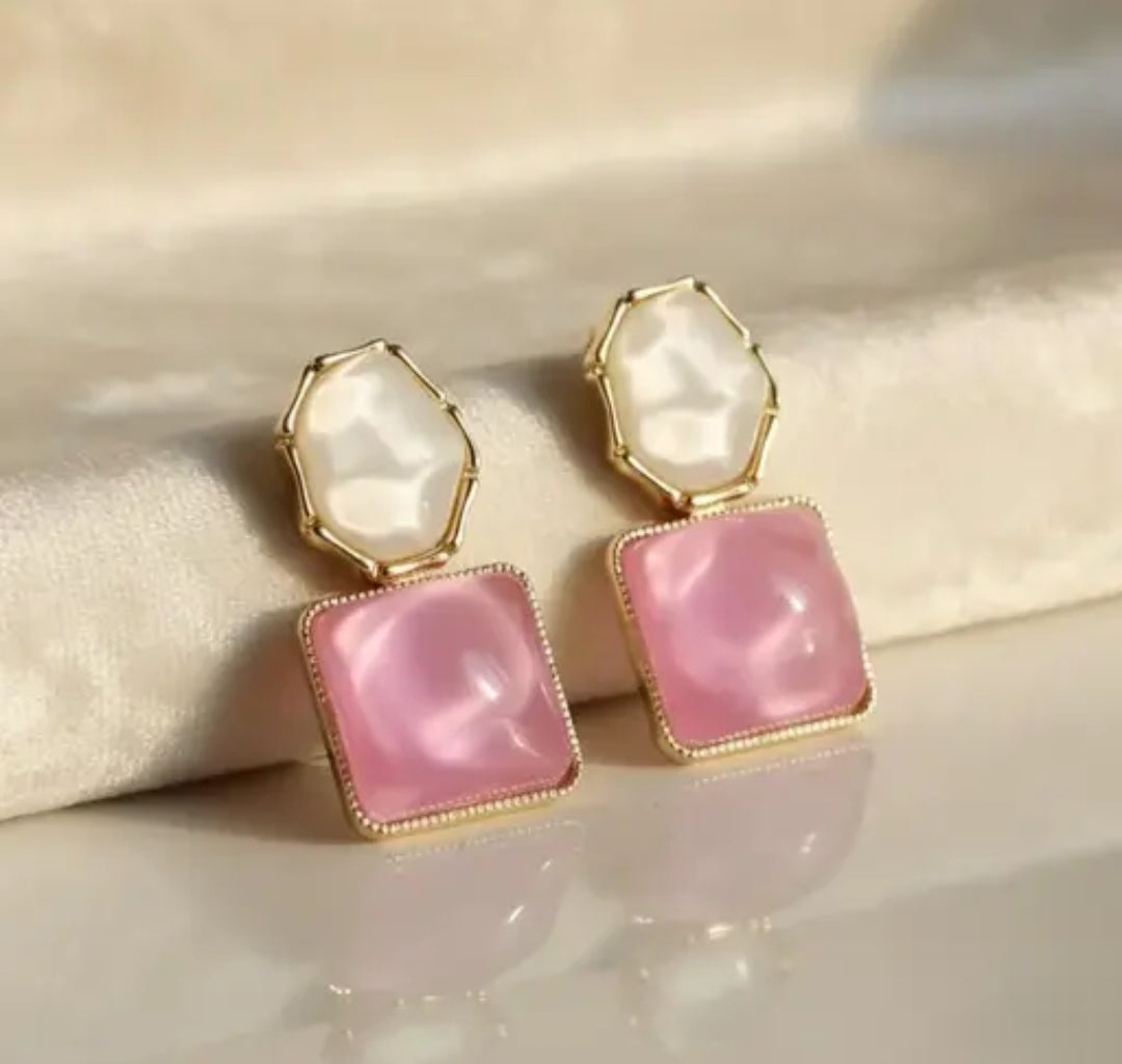 PINK AND WHITE STONE DROP EARRINGS