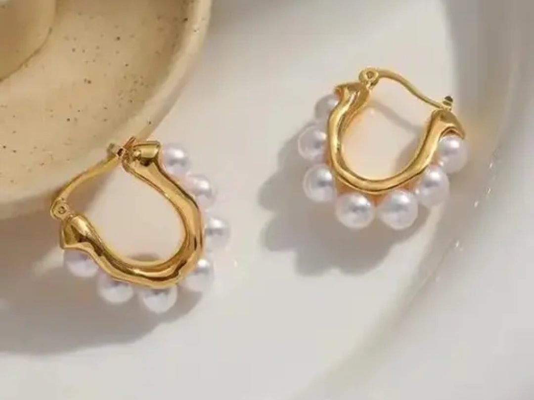 Gold Hoop Earrings with Pearl Beads