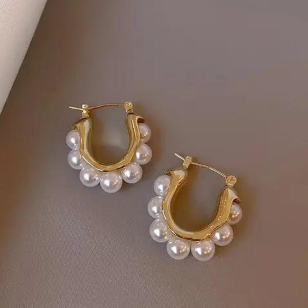 Gold Hoop Earrings with Pearl Beads
