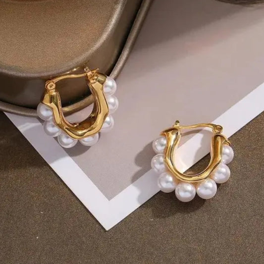 Gold Hoop Earrings with Pearl Beads