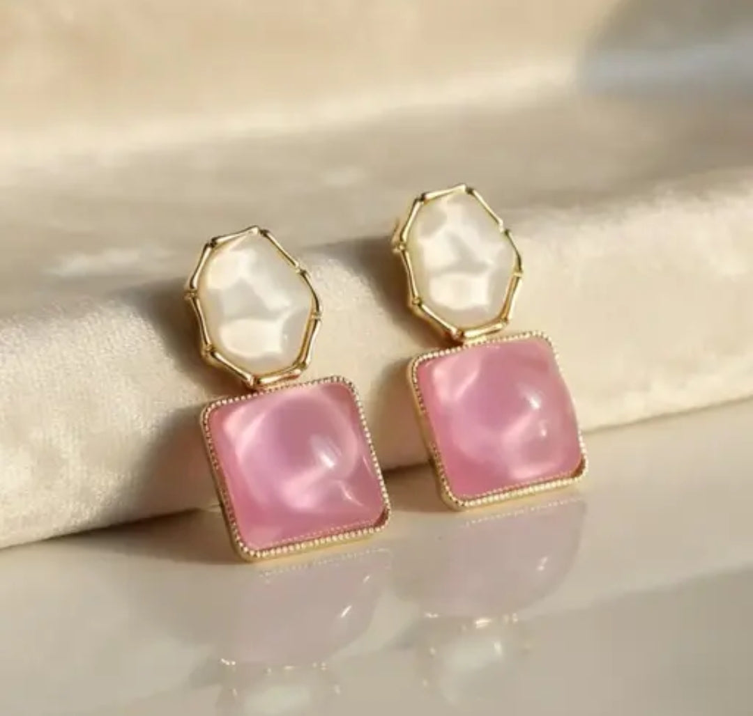 PINK AND WHITE STONE DROP EARRINGS