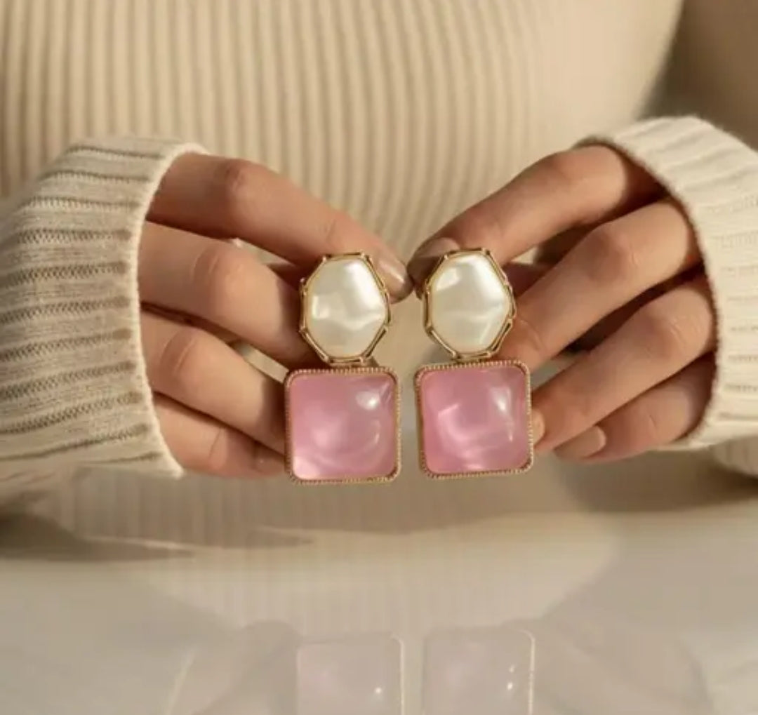 PINK AND WHITE STONE DROP EARRINGS